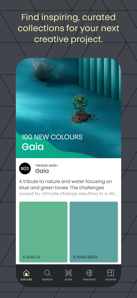 Pantalla de la aplicación móvil NCS+ que muestra la colección de colores Gaia curada para las tendencias de diseño de 2025 con muestras verdes y azules.