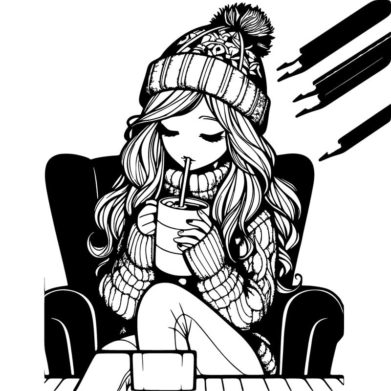 realistic girl drinking hot cocoa sitting in a chair wearing a cozy sweater and hat