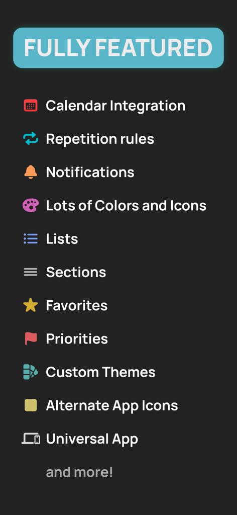 SuperPlanner: Daily Planner - A list of features for the SuperPlanner app including calendar integration repetition rules and custom themes