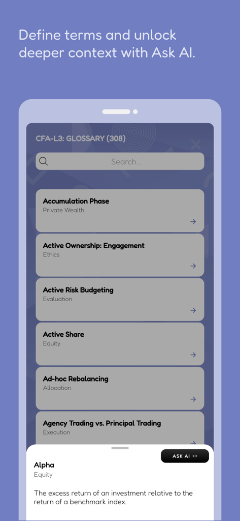 CFA Exam Prep 2026: with AI - CFA Level 3 glossary screen showing financial terms and an AI definition of Alpha