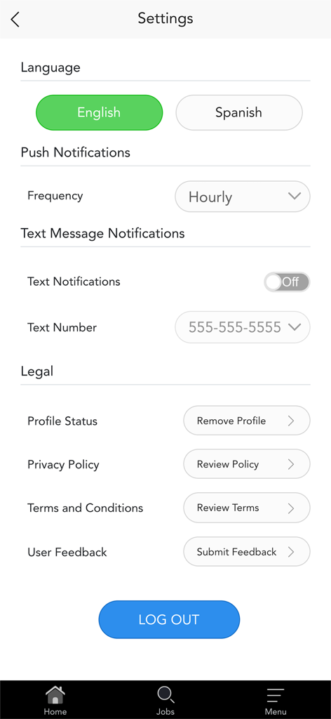 Settings screen for the Driver Pulse app featuring language and notification preferences