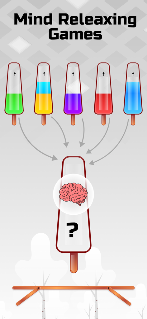 Ilustração da jogabilidade do quebra-cabeça de classificação de água com picolés coloridos e um ícone de cérebro para relaxamento.