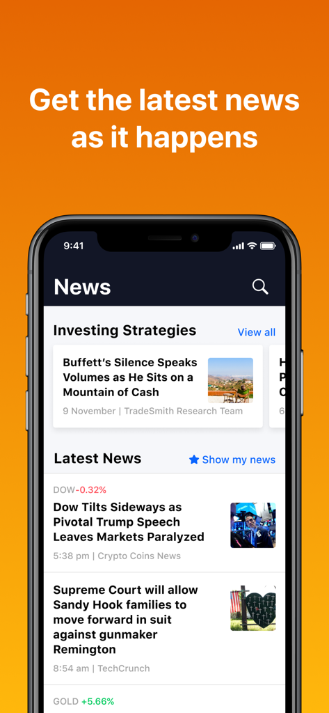 TradeSmith - TradeSmith app news feed showing financial articles and market headlines