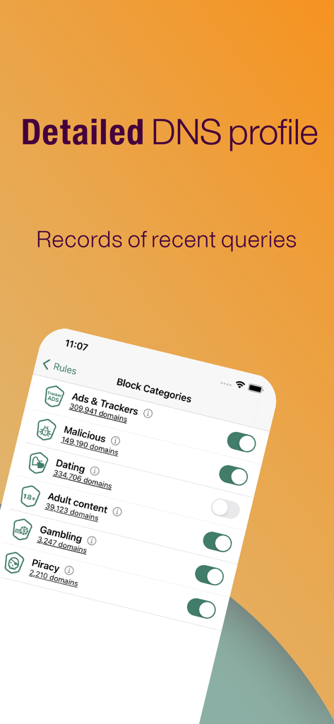 Secure DNS & Firewall - Secure DNS and Firewall app interface showing various categories that can be blocked such as ads, trackers, and malicious sites.