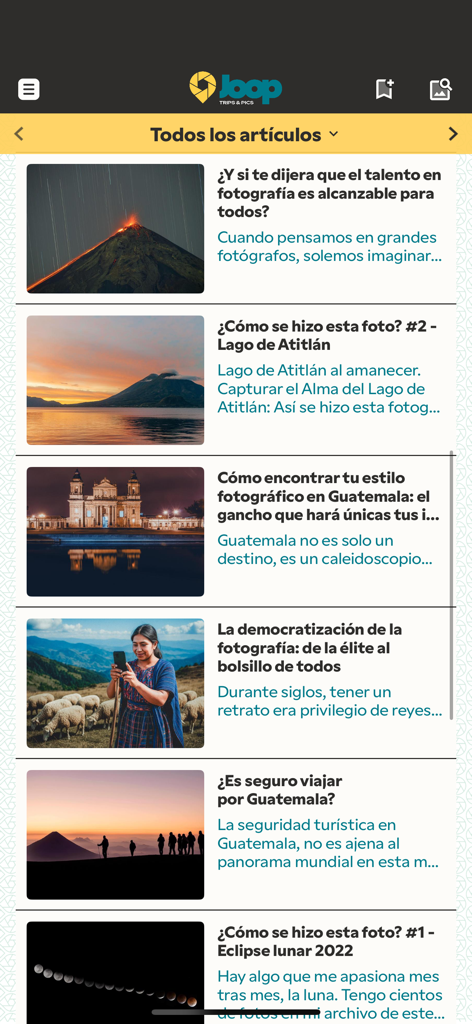Joop - Joop app blog section showing photography guides and Guatemala travel articles