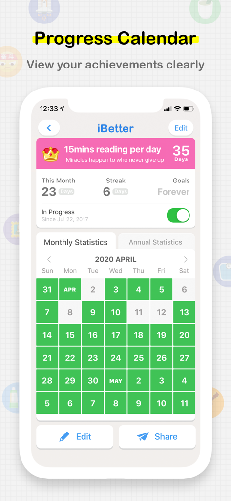 A progress calendar in the iBetter habit tracker app showing a monthly view of completed reading habits