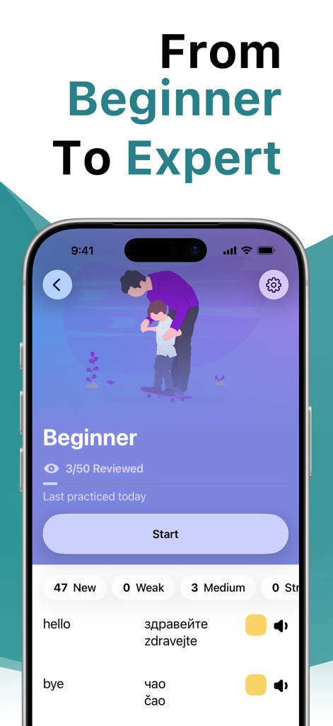 Die LENGO-App zum Bulgarischlernen zeigt Anfängervokabular und Lektionsfortschritt an.