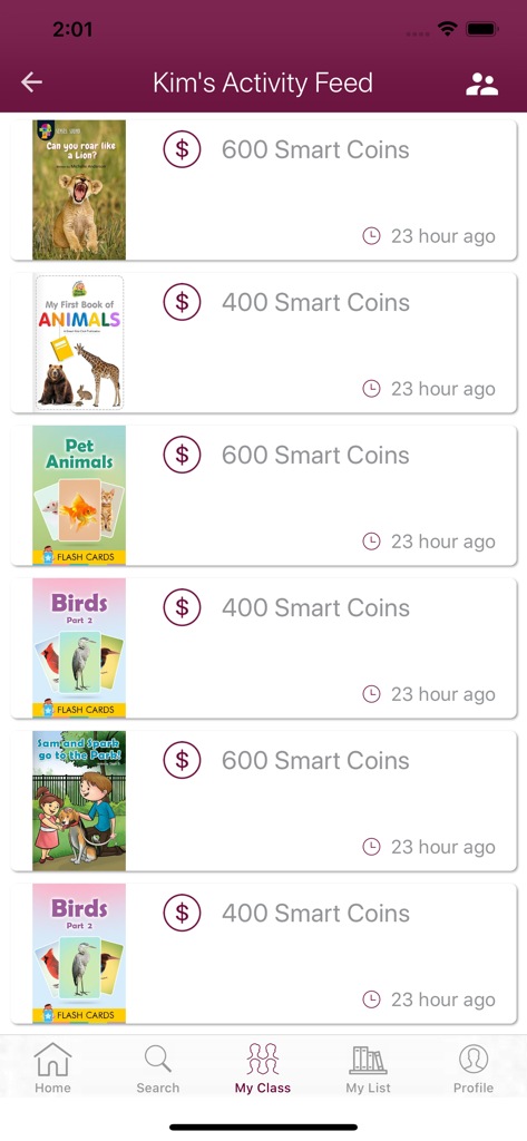 Activity feed screen showing books read and smart coins earned by a student.