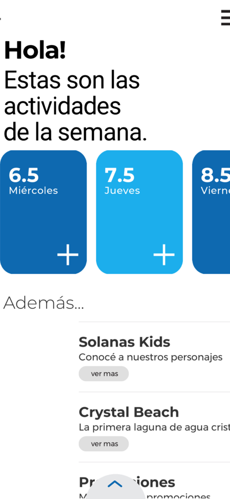 Weekly activities and resort features on the Solanas Vacation app