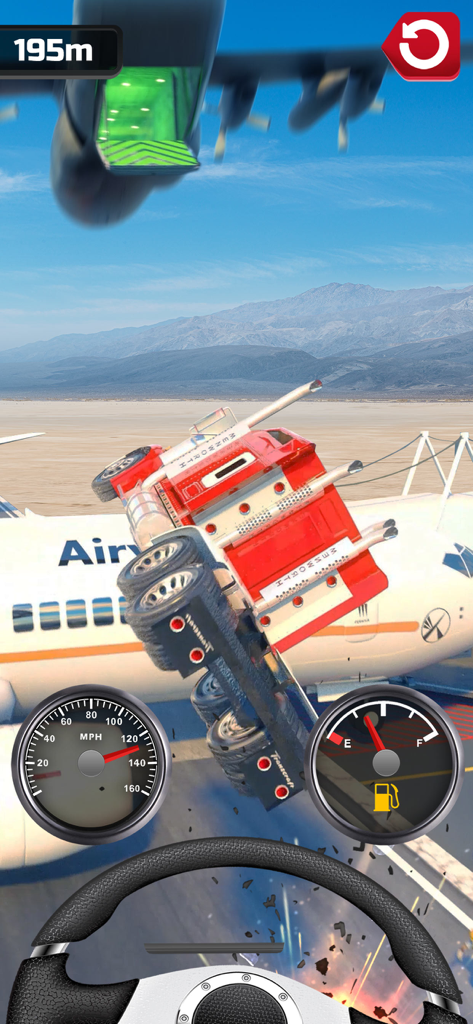 A red semi truck jumping through the air towards an open cargo plane in the Plane Chase mobile game