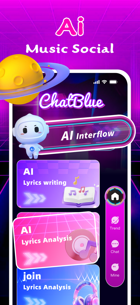 Rifya app screen showing AI music social features with lyrics writing and analysis tools