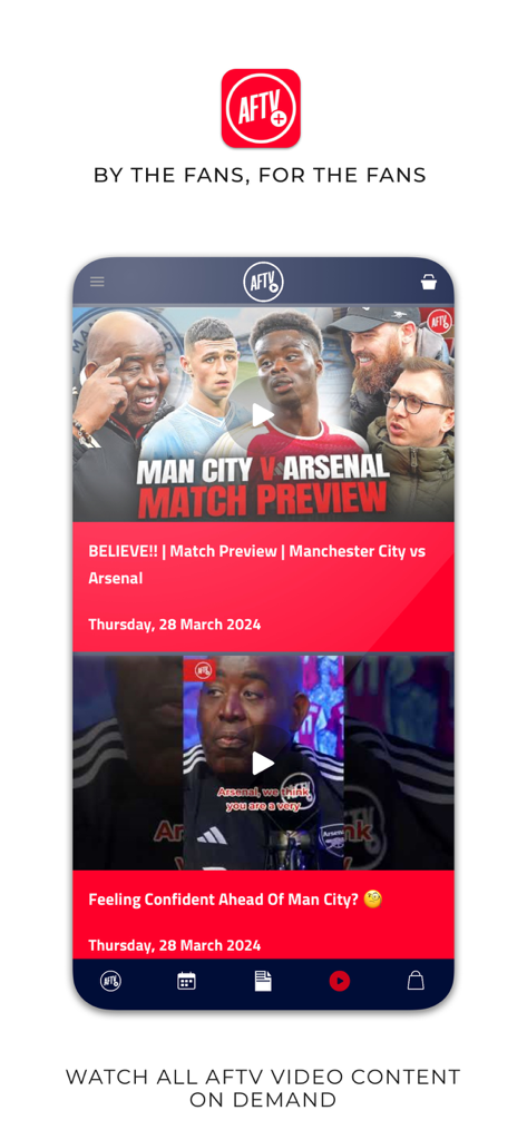 AFTV plus app home screen with Arsenal match previews and video content