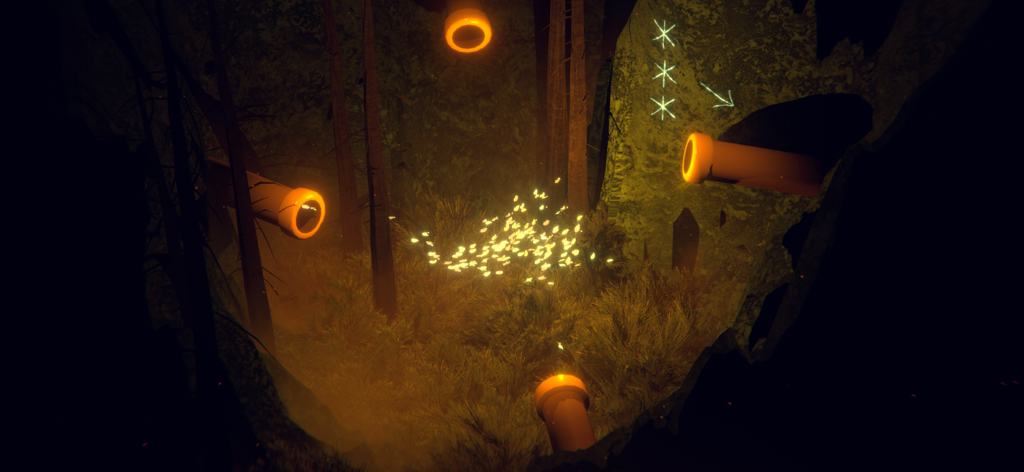 The Forest Quartet - A glowing swarm of spirits illuminates a dark forest floor surrounded by orange pipes and wall etchings.
