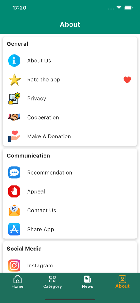 Boycott Detective - A página Sobre do aplicativo Boycott Detective mostrando opções de menu para informações gerais, comunicação e mídia social.