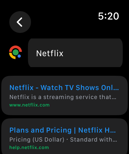 Apple Watch-Oberfläche mit Google-Suchergebnissen für Netflix