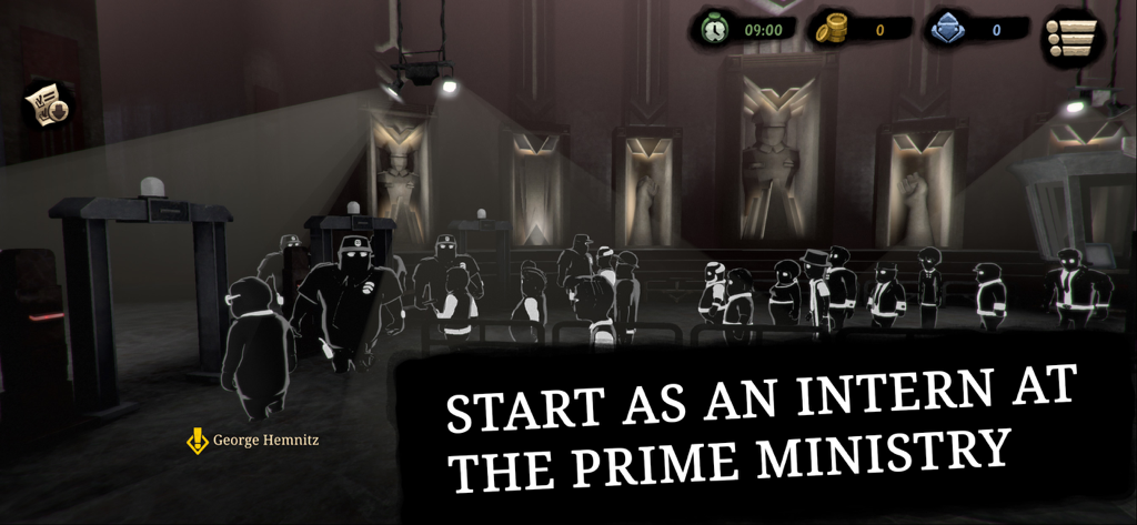 Beholder 2 - Silhouette characters entering the dystopian Prime Ministry building in Beholder 2