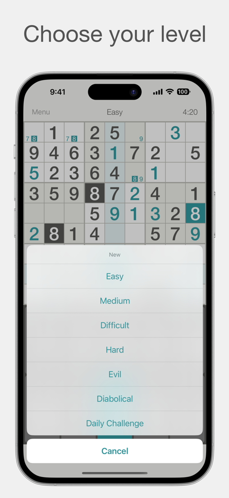 Tela do smartphone exibindo o menu de seleção de dificuldade do jogo de Sudoku com níveis variando de Fácil a Diabólico