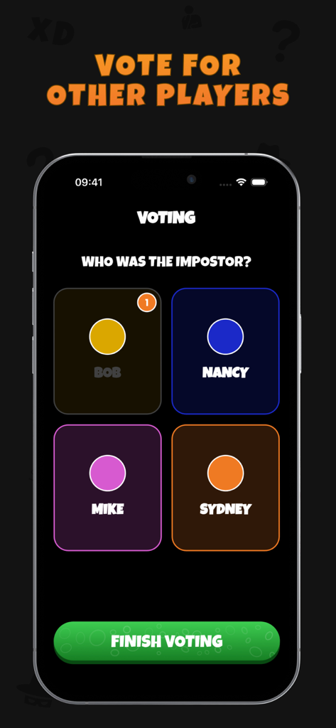 Fake It - Guess The Imposter - The voting interface of the Fake It mobile game where players choose who they think is the impostor