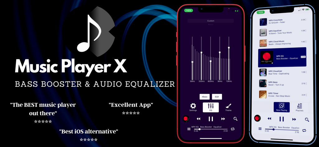 Music Player X : Equalizer - Music Player X app banner showing the bass booster and audio equalizer interfaces on two iPhones