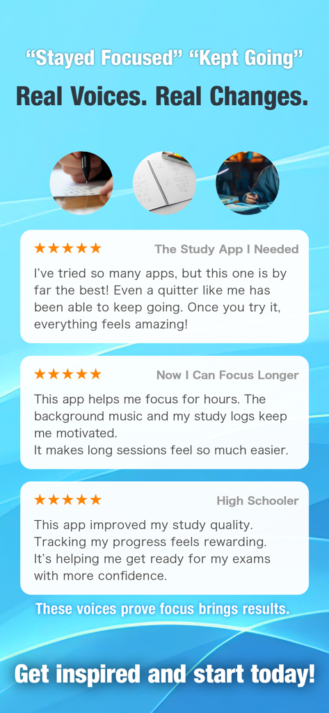 Study Timer: Focus & Pomodoro - Una pantalla que muestra tres testimonios de usuarios de cinco estrellas para la aplicación de enfoque y pomodoro Study Timer.