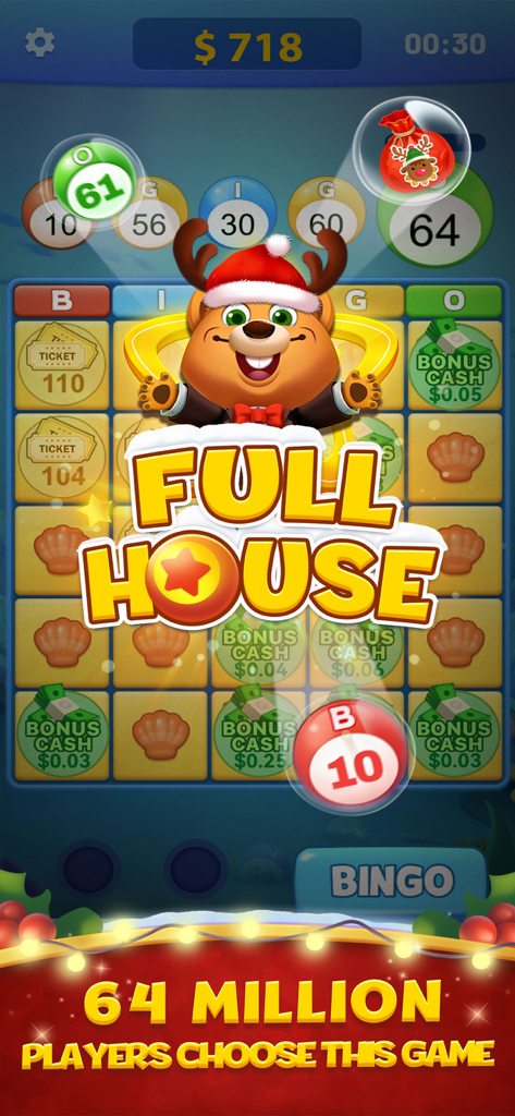 Una pantalla de juego de Bingo Clash celebratoria que muestra una victoria de "Full House" con una mascota de reno y un banner destacando 64 millones de jugadores.