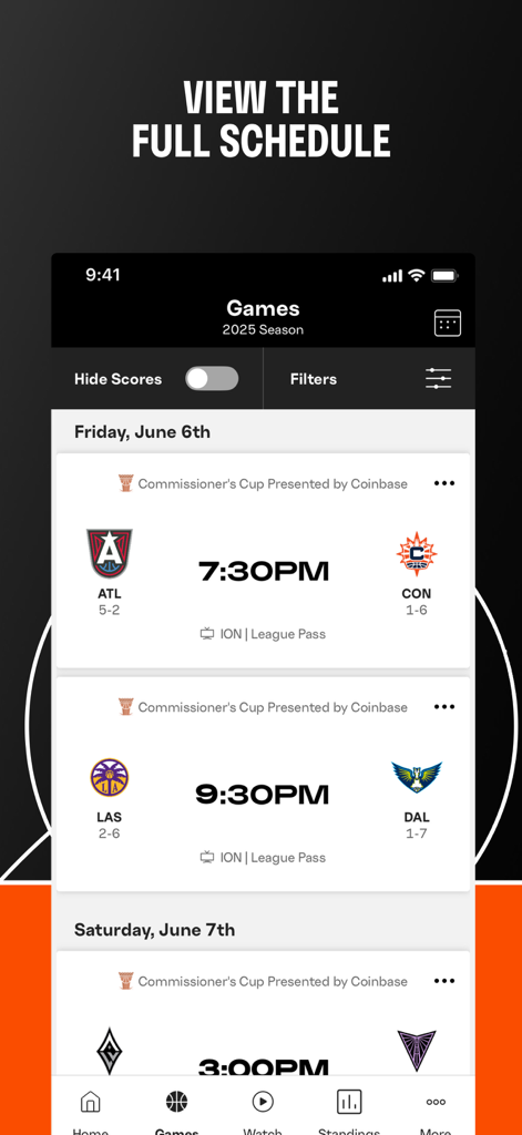 WNBA: Live Games & Scores - WNBA mobile app screen showing the 2025 season game schedule with dates and tip-off times for upcoming matches