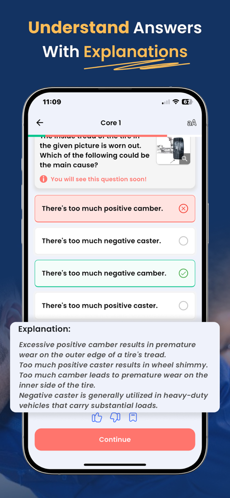 ASE A-Series Test Prep interface showing a practice question with a detailed answer explanation.