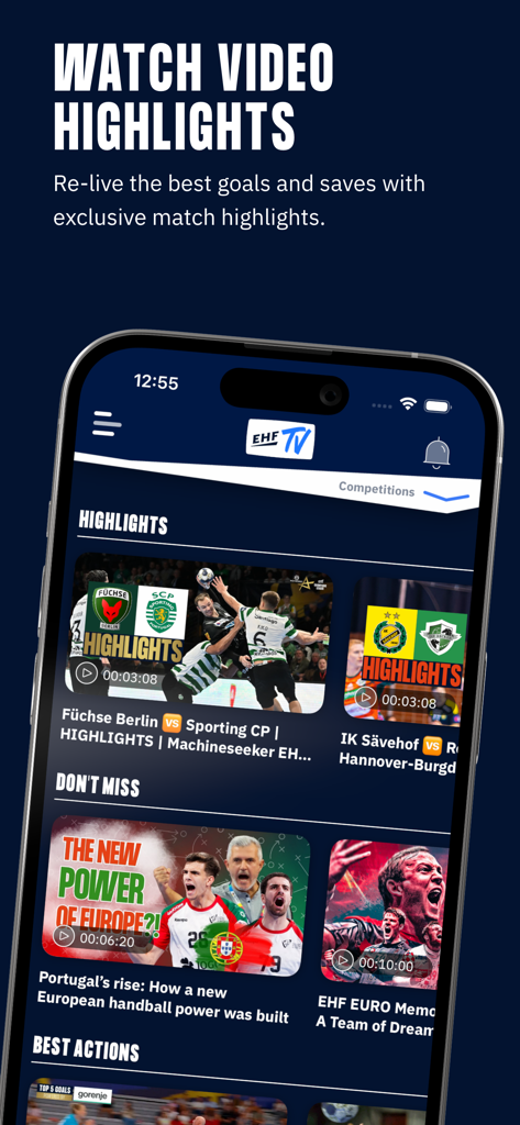 Home of Handball - Screenshot of the Home of Handball app showing the video highlights and EHFTV section