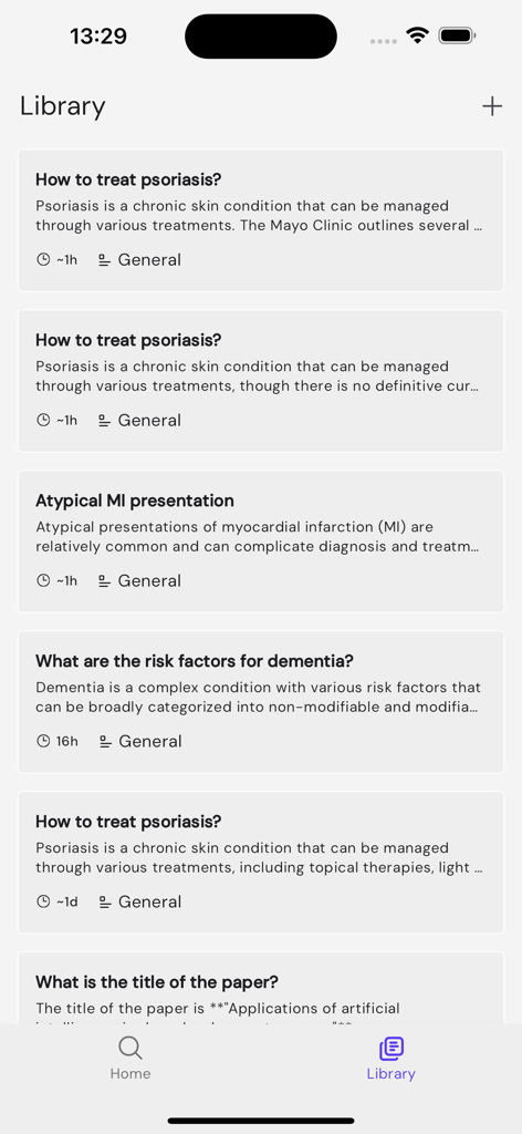 Meddit app library view displaying a list of saved clinical query summaries like psoriasis treatment and myocardial infarction presentation.
