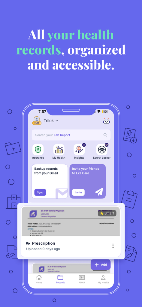 Benutzeroberfläche des Eka Care App Dashboards für medizinische Unterlagen mit organisierten persönlichen Gesundheitsunterlagen und hochgeladenen digitalen Rezepten