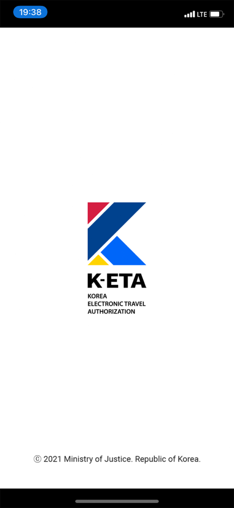 Écran d'accueil officiel de l'application K-ETA affichant le logo Korea Electronic Travel Authorization et le copyright du Ministère de la Justice