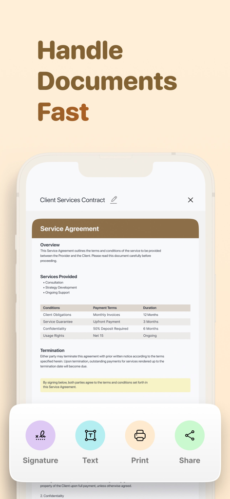 PDF Scanner Extra: Sign & Edit - Mobile app interface displaying a service agreement with quick action buttons for signature text print and share