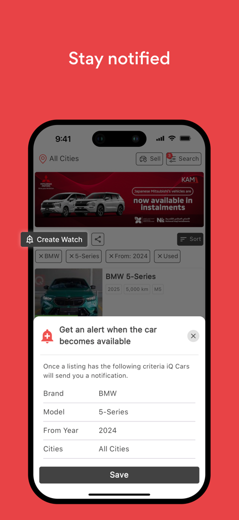 iQ Cars - سوق سيارات العراق - Mobile app screen for iQ Cars showing a pop up to create a vehicle availability alert for a BMW 5 Series