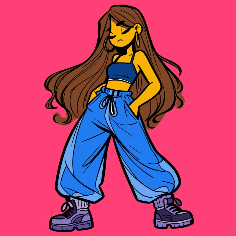 girl in baggy pants crop top and long hair