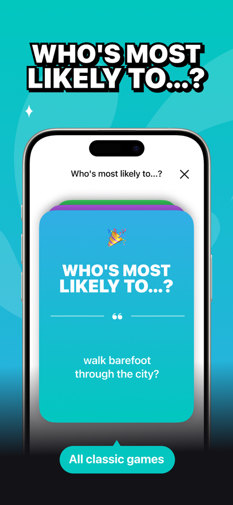 A smartphone screen showing the Who is most likely to game card from the Imposter Game app