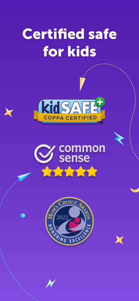 Kinzoo: Fun All-Ages Messenger - Badges de sécurité de l'application Kinzoo, y compris la certification kidSAFE COPPA, la note 5 étoiles de Common Sense Media et le prix Mom's Choice Award.