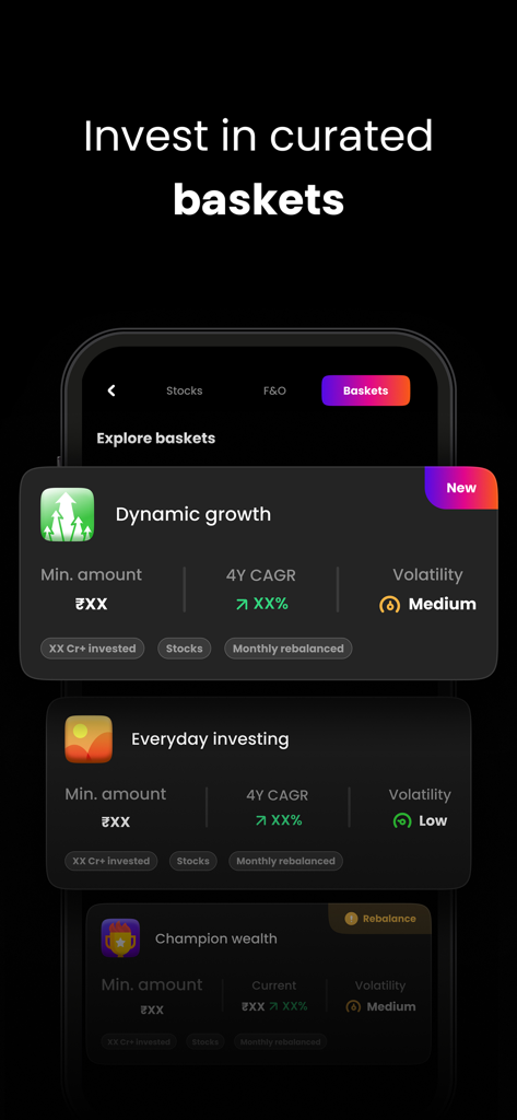 Liquide- Stocks & Mutual Funds - Liquide mobile app interface displaying curated stock investment baskets with performance metrics and volatility levels