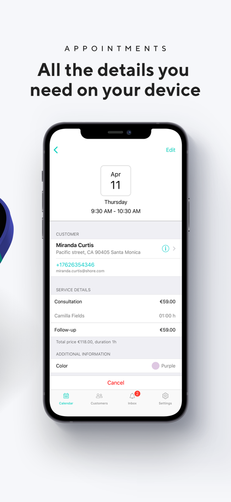 Shore Business - Shore Business app screenshot showing a detailed appointment view with customer information and service pricing