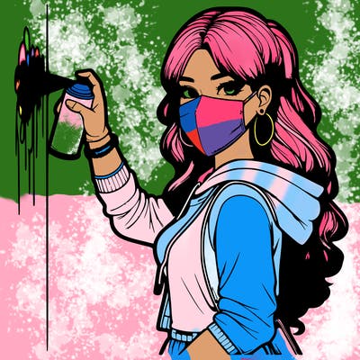 realistic girl with mask spray painting a wall