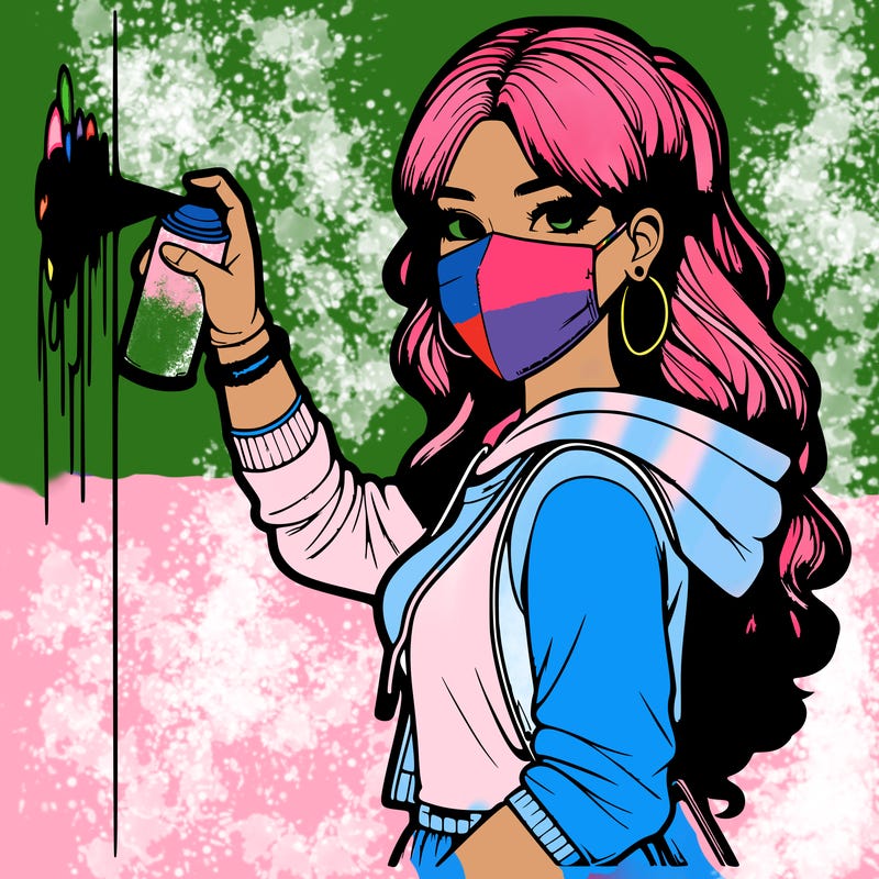 realistic girl with mask spray painting a wall