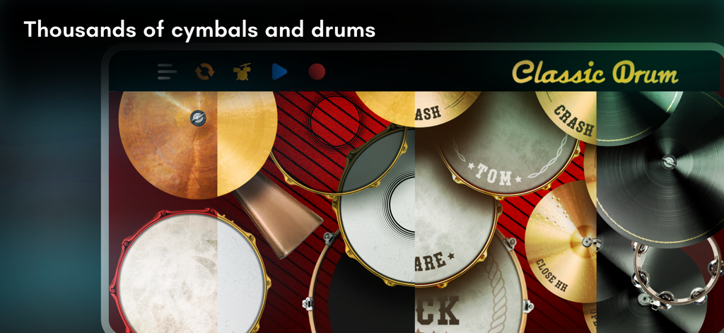 Classic Drum app showing a wide collection of different drum and cymbal skins