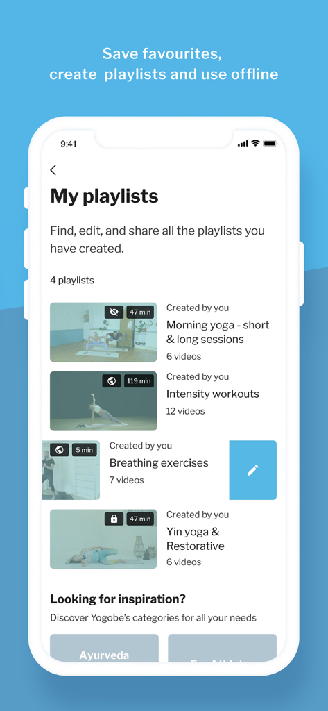 Interfaz de la aplicación Yogobe que muestra listas de reproducción personalizadas de yoga, entrenamientos de intensidad y ejercicios de respiración.