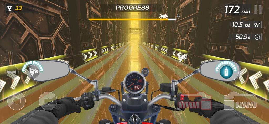 Bike Rush 3D: Traffic Driving - First person perspective of a futuristic motorcycle racing through a tunnel at high speed