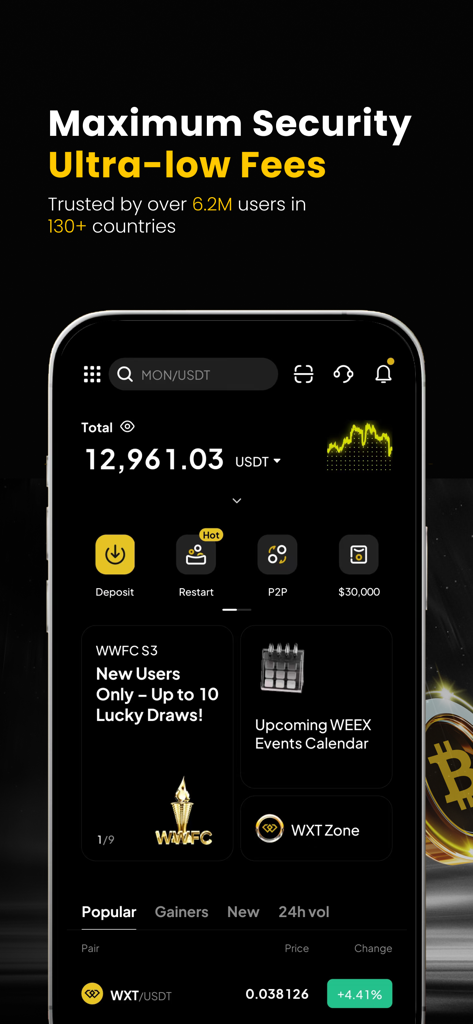 WEEX cryptocurrency exchange app interface featuring security claims and low fees