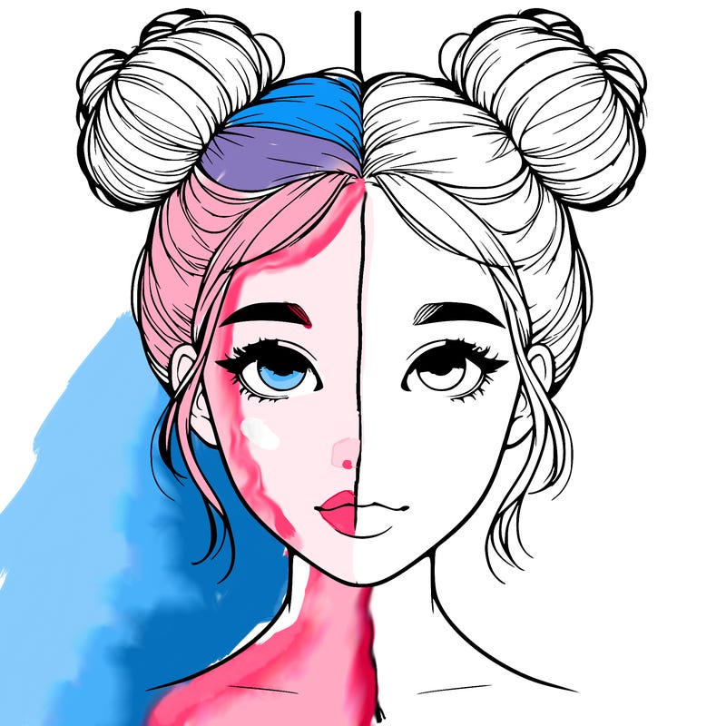 realistic girl with two buns on top of her head