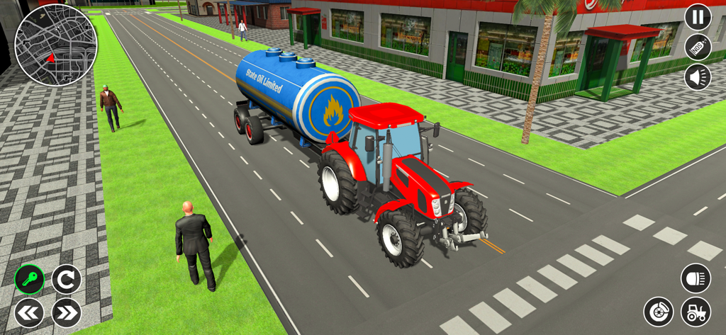 Tractor Driving Farming Game - Un tractor rojo remolcando un remolque cisterna de combustible azul en una calle de la ciudad en un simulador de conducción en 3D.