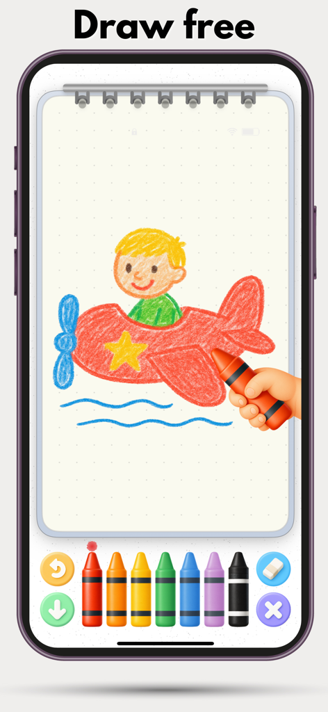 Doodle Coloring - draw & paint - A digital notebook interface in the Doodle Coloring app showing a child's crayon drawing of a pilot in a red airplane with a colorful palette of crayons at the bottom.