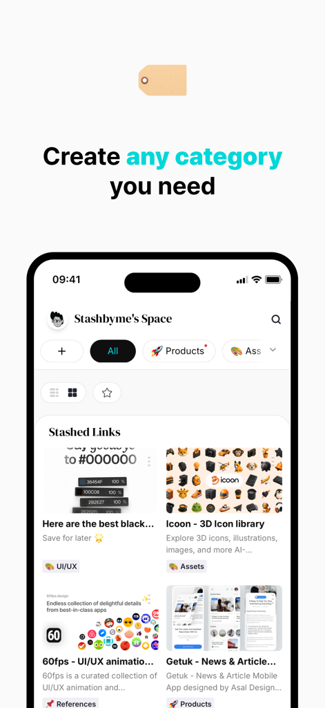 Stashby: Bookmark Manager - Stashby app interface showing links organized into custom categories like products and assets
