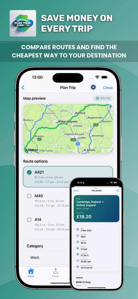 FuelTrip app interface showing different driving route options with calculated fuel costs and a map preview