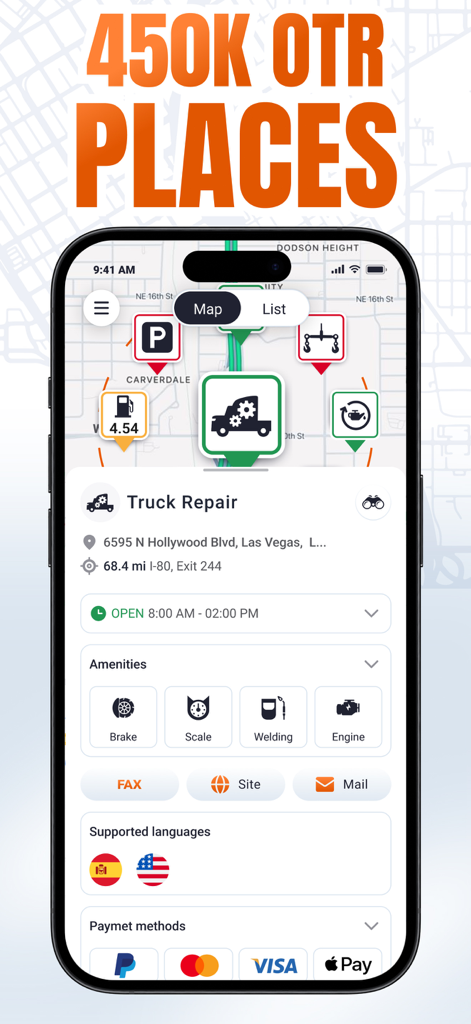 Trucker Guide: Truck GPS Maps - Trucker Guide App-Oberfläche zeigt Details zu LKW-Reparaturwerkstätten und 450.000 OTR-Points of Interest